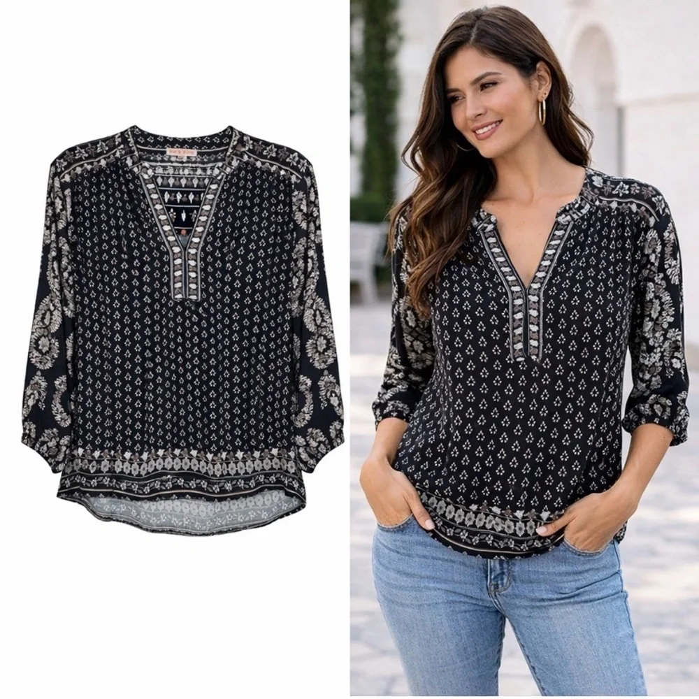 Knox Rose Black and Cream Boho Patterned Blouse Sz Large - Picture 1 of 8